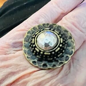 Vintage-Inspired Brass & Silver Tone Decorative Button Ring.